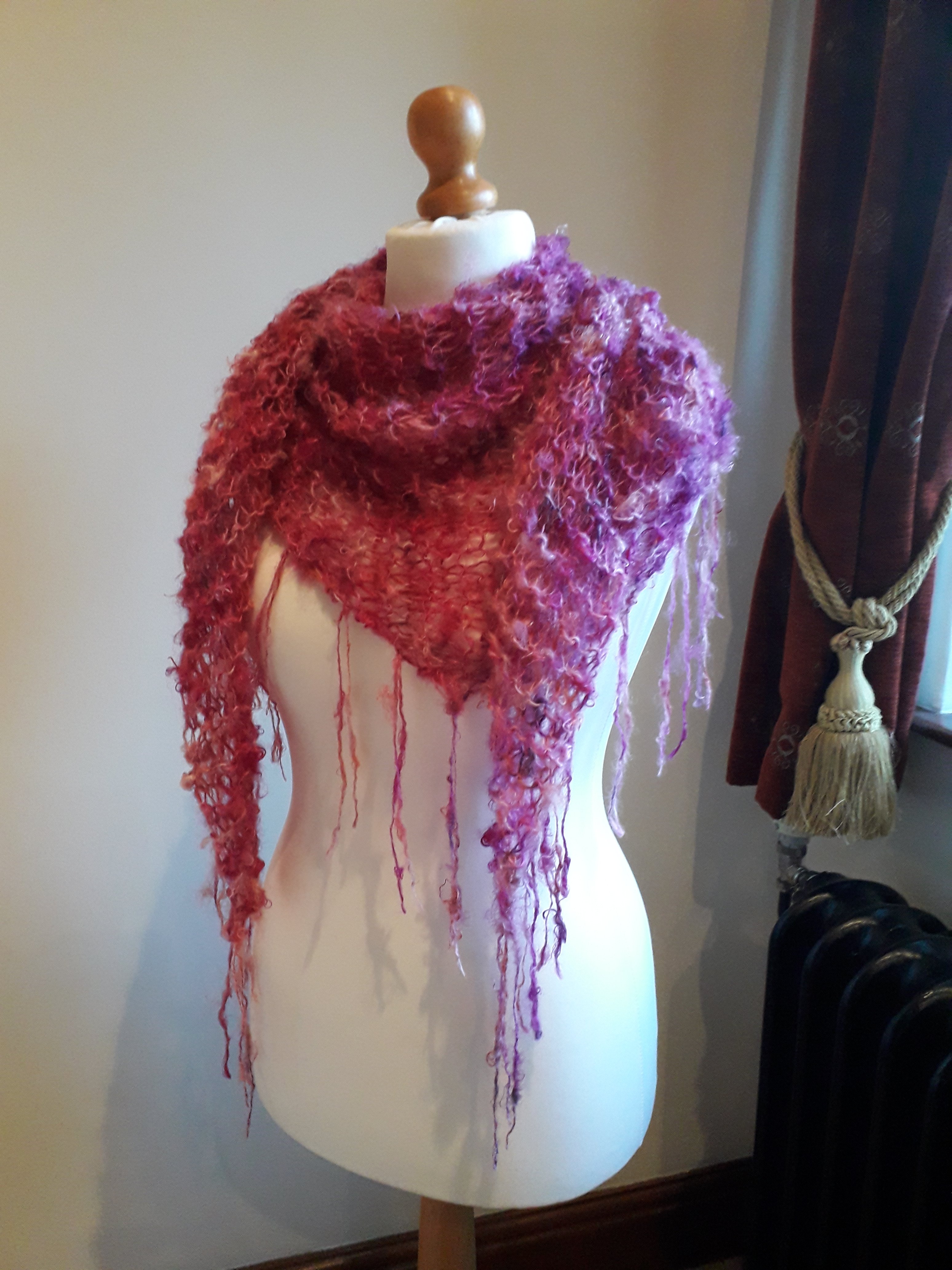 Pink / Purple / Red - Hand Knitted, Hand Dyed Scarf / Shawl - Image 3