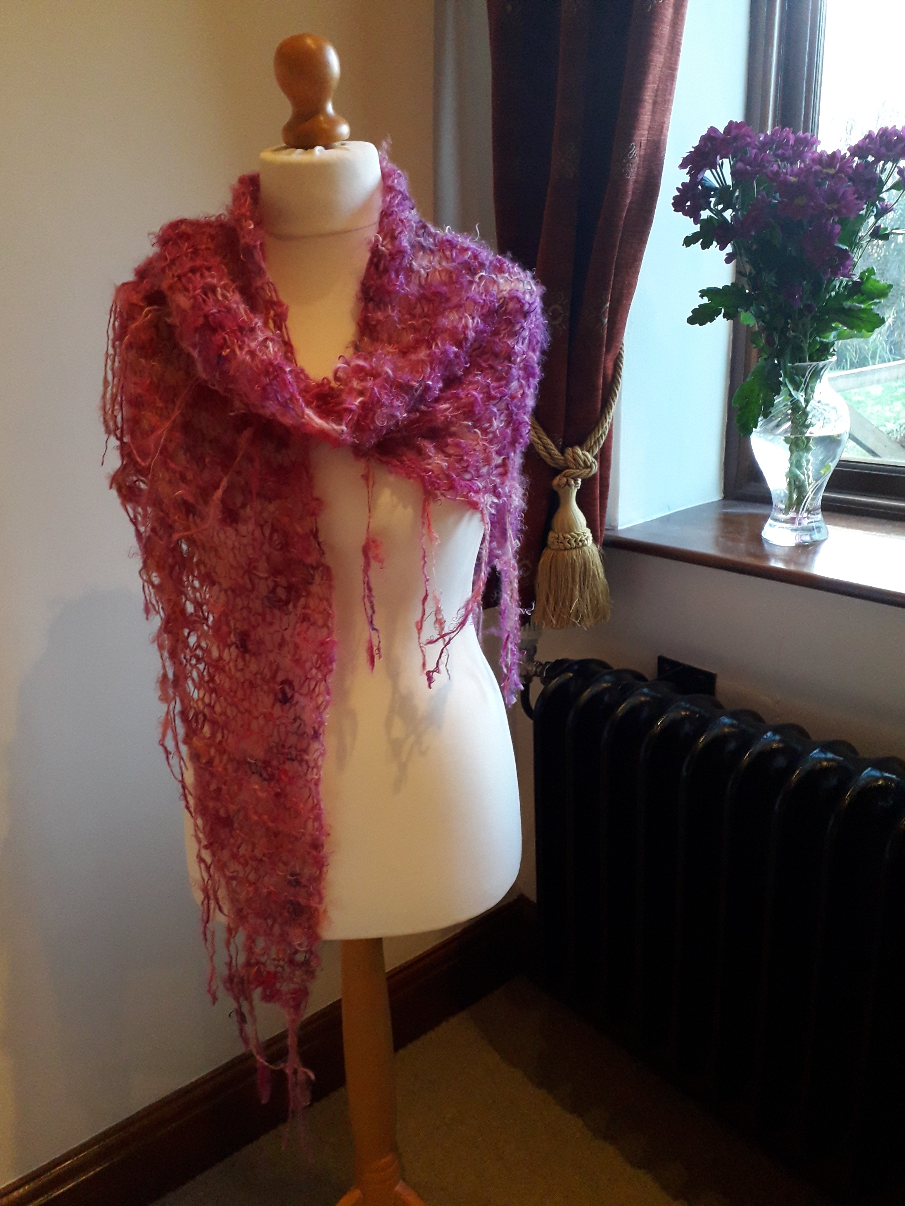 Pink / Purple / Red - Hand Knitted, Hand Dyed Scarf / Shawl - Image 4